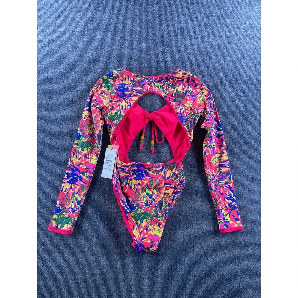 Maaji Reversible Long Sleeve One Piece Swimsuit Tropical Floral Cutout Small